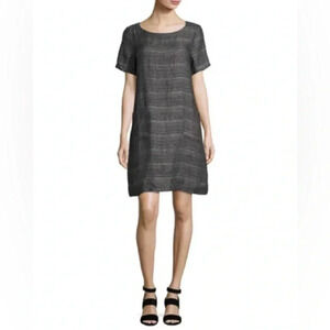 Eileen Fisher Coastline Short-Sleeve Organic Linen Shift Dress Grey Blue size SP